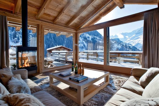 Elegant wooden chalet with fireplace Modern living room interior design with mountain view.