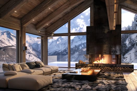 Elegant wooden chalet with fireplace Modern living room interior design with mountain view.