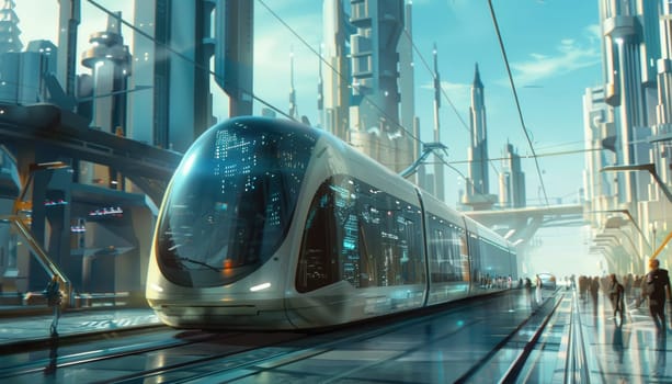 Futuristic city tram rides through the city.