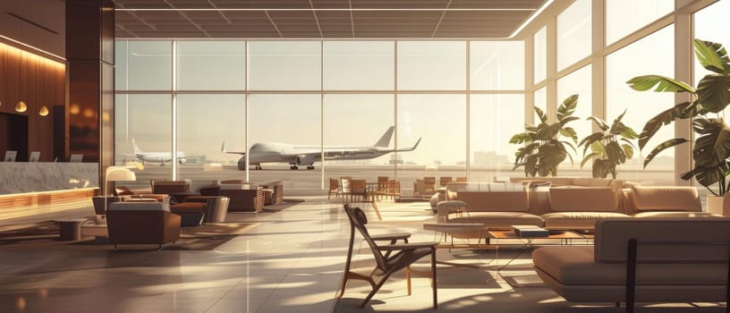 airport lounge with airplanes on the background. by AI generated image.