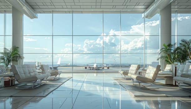 airport lounge with airplanes on the background. by AI generated image.