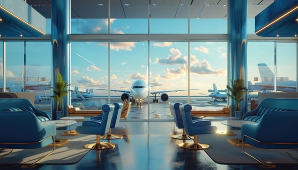 airport lounge with airplanes on the background. by AI generated image.