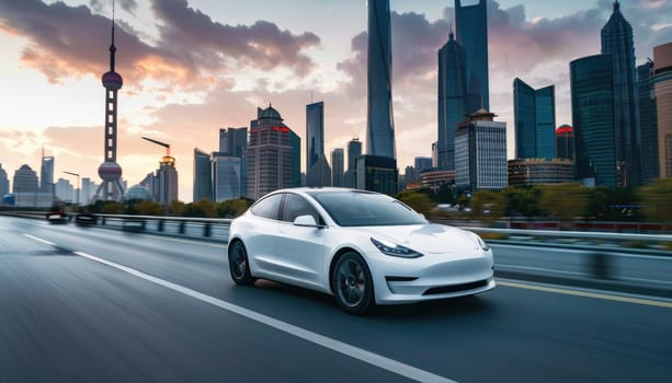 ev car driving on the road against the backdrop of the city.