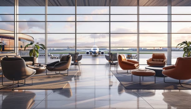 airport lounge with airplanes on the background. by AI generated image.