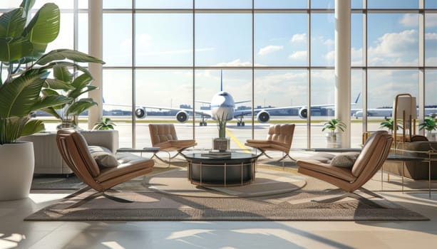 airport lounge with airplanes on the background. by AI generated image.