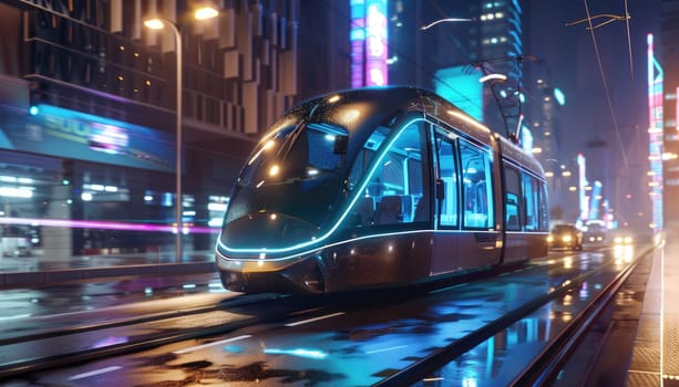 Futuristic city tram rides through the city.