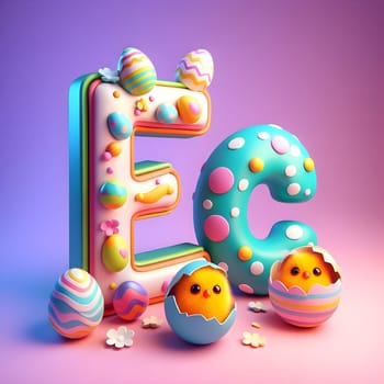 The Easter Letter E alphabet is made with an Easter bunny and eggs. High quality photo