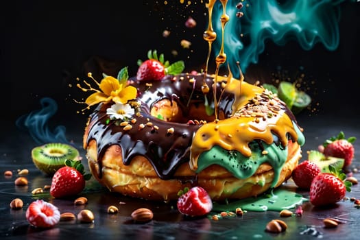 donuts in multi-colored glaze with berries on a black background .