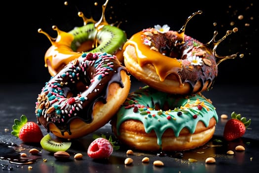 donuts in multi-colored glaze with berries on a black background .