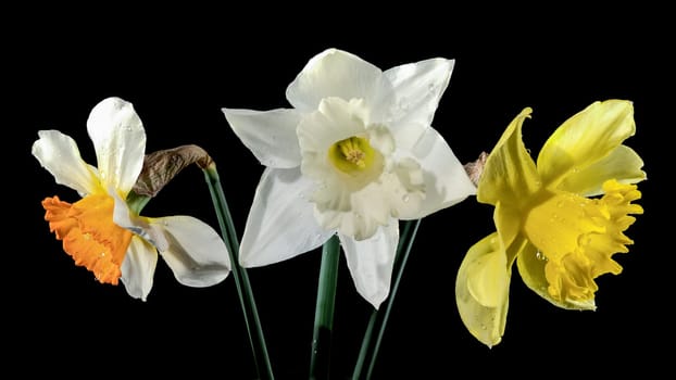 Beautiful blooming White and yellow narcissus flowers isolated on a black background. Flower head close-up.
