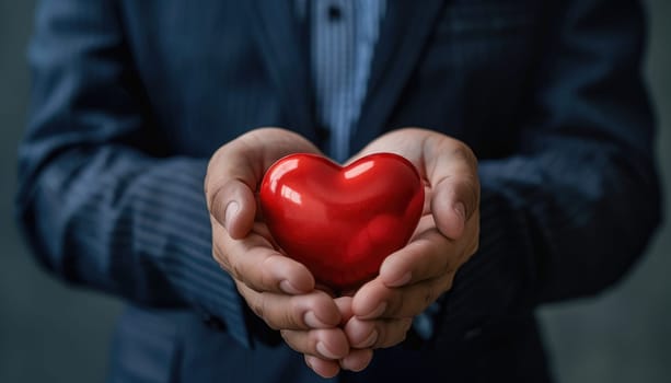 A man is holding a red heart in his hands by AI generated image.