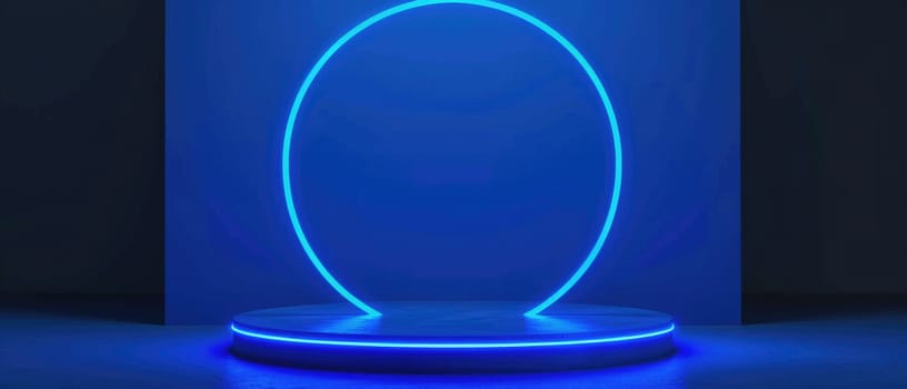 A blue circle is lit up on a stage by AI generated image.