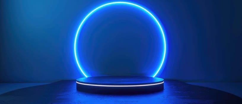 A blue circle is lit up on a stage by AI generated image.