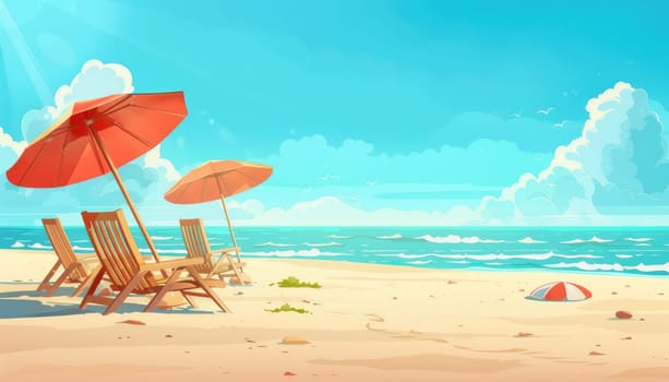 A beach scene with two red umbrellas and three beach chairs by AI generated image.