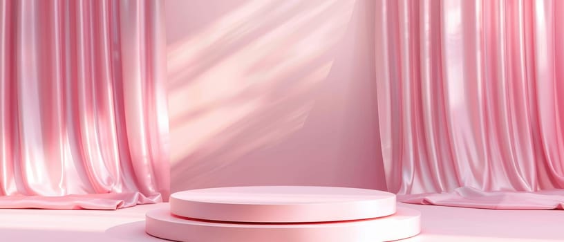 A pink room with a pink curtain and a pink stage by AI generated image.