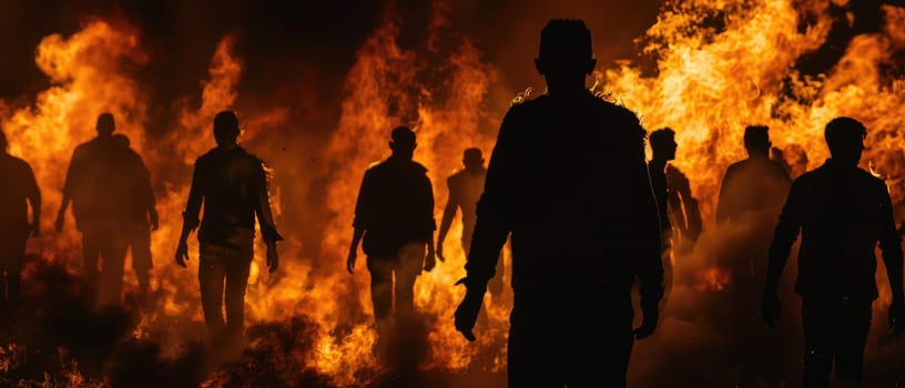 A group of people are walking through a fire by AI generated image.