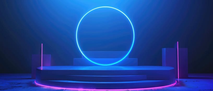 A blue circle is lit up on a stage by AI generated image.
