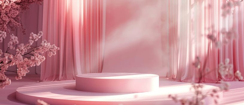 A pink room with a pink curtain and a pink stage by AI generated image.