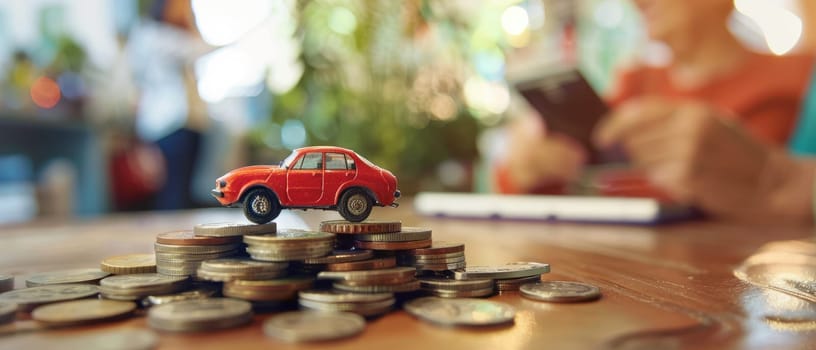 A toy car is sitting on top of a pile of coins by AI generated image.