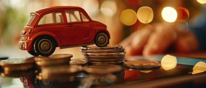 A toy car is sitting on top of a pile of coins by AI generated image.