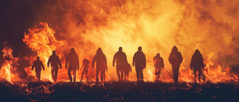 A group of people are walking through a fire by AI generated image.