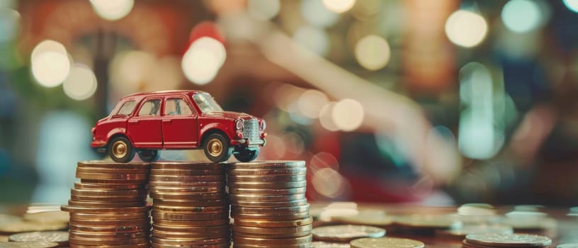 A toy car is sitting on top of a pile of coins by AI generated image.