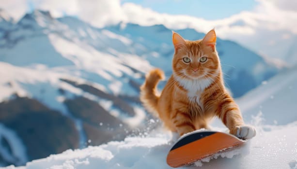 A cat is riding a snowboard on a mountain by AI generated image.