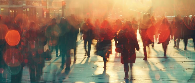 A blurry image of a busy city street with people walking and carrying bags by AI generated image.