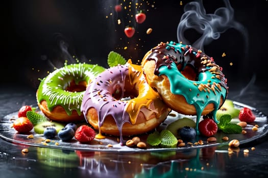 donuts in multi-colored glaze with berries on a black background .
