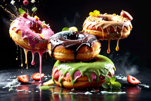 donuts in multi-colored glaze with berries on a black background .