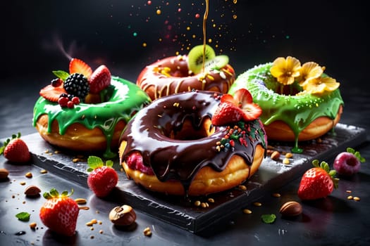 donuts in multi-colored glaze with berries on a black background .