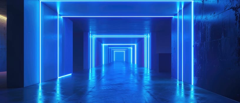 A long blue hallway with neon lights by AI generated image.