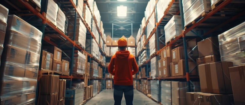 A man wearing a yellow helmet walks through a warehouse filled with boxes by AI generated image.