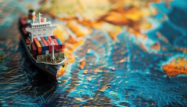 A small model of a ship is on a map of the ocean by AI generated image.