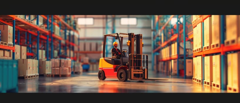 A forklift is in a large warehouse with many boxes by AI generated image.