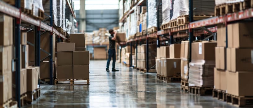 A man wearing a yellow helmet walks through a warehouse filled with boxes by AI generated image.