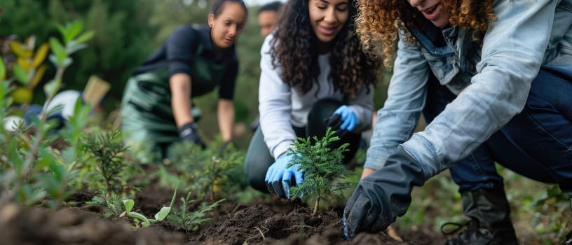 A group of people are planting trees in a park by AI generated image.