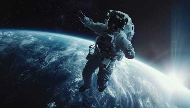 A man in a spacesuit is floating in space above the Earth by AI generated image.