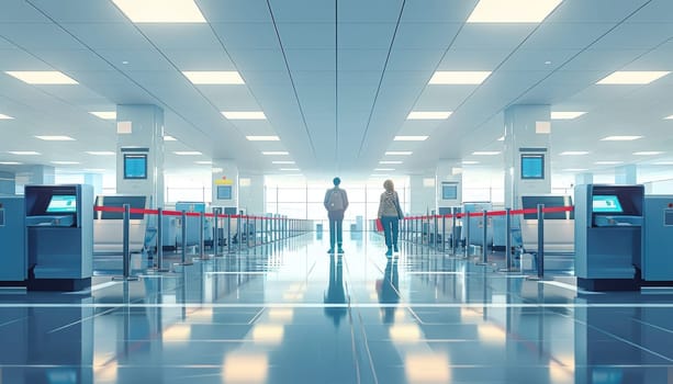 A man and woman walk through a large airport terminal by AI generated image.