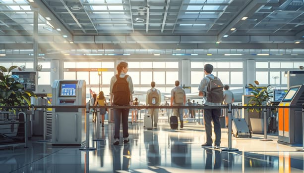 A man and woman walk through a large airport terminal by AI generated image.