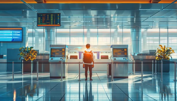 A man and woman walk through a large airport terminal by AI generated image.