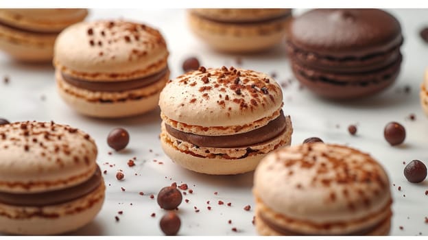 Close up view of coffee and chocolate macarons on white background.