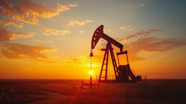 A sunset over a field with a large oil pump.