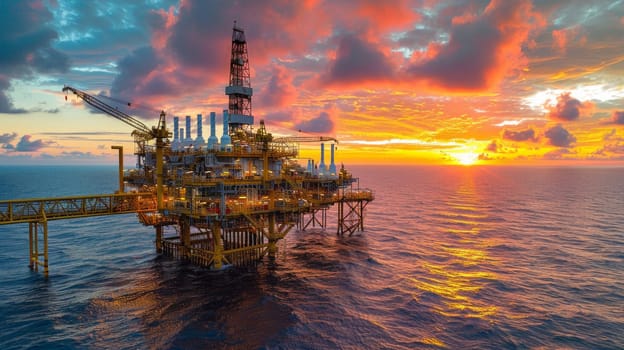 A large oil rig is floating in the ocean with a beautiful sunset in the background.