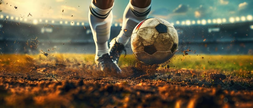A soccer player kicks a ball on a field by AI generated image.