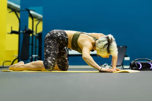 slender athletic woman in the gym is beautifully engaged in yoga exercises on a mat