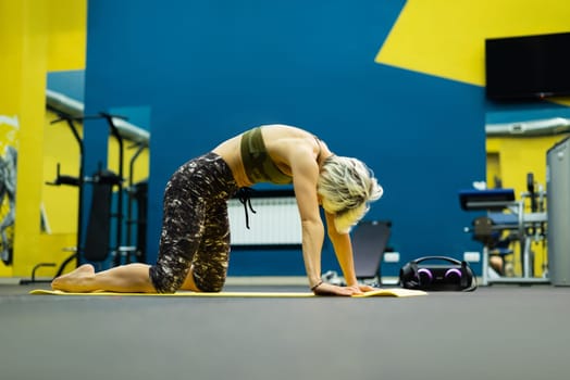 slender athletic woman in the gym is beautifully engaged in yoga exercises on a mat