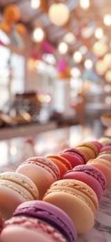 Colorful macarons in cake store with copy space.