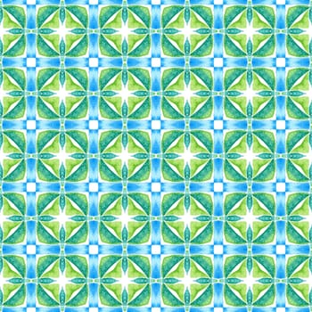 Ikat repeating swimwear design. Green elegant boho chic summer design. Textile ready posh print, swimwear fabric, wallpaper, wrapping. Watercolor ikat repeating tile border.