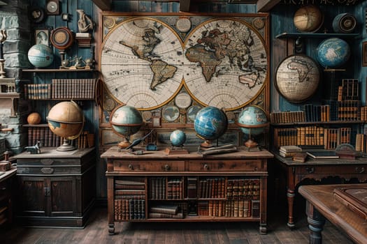 Old-world map room with globes and antique navigation tools.